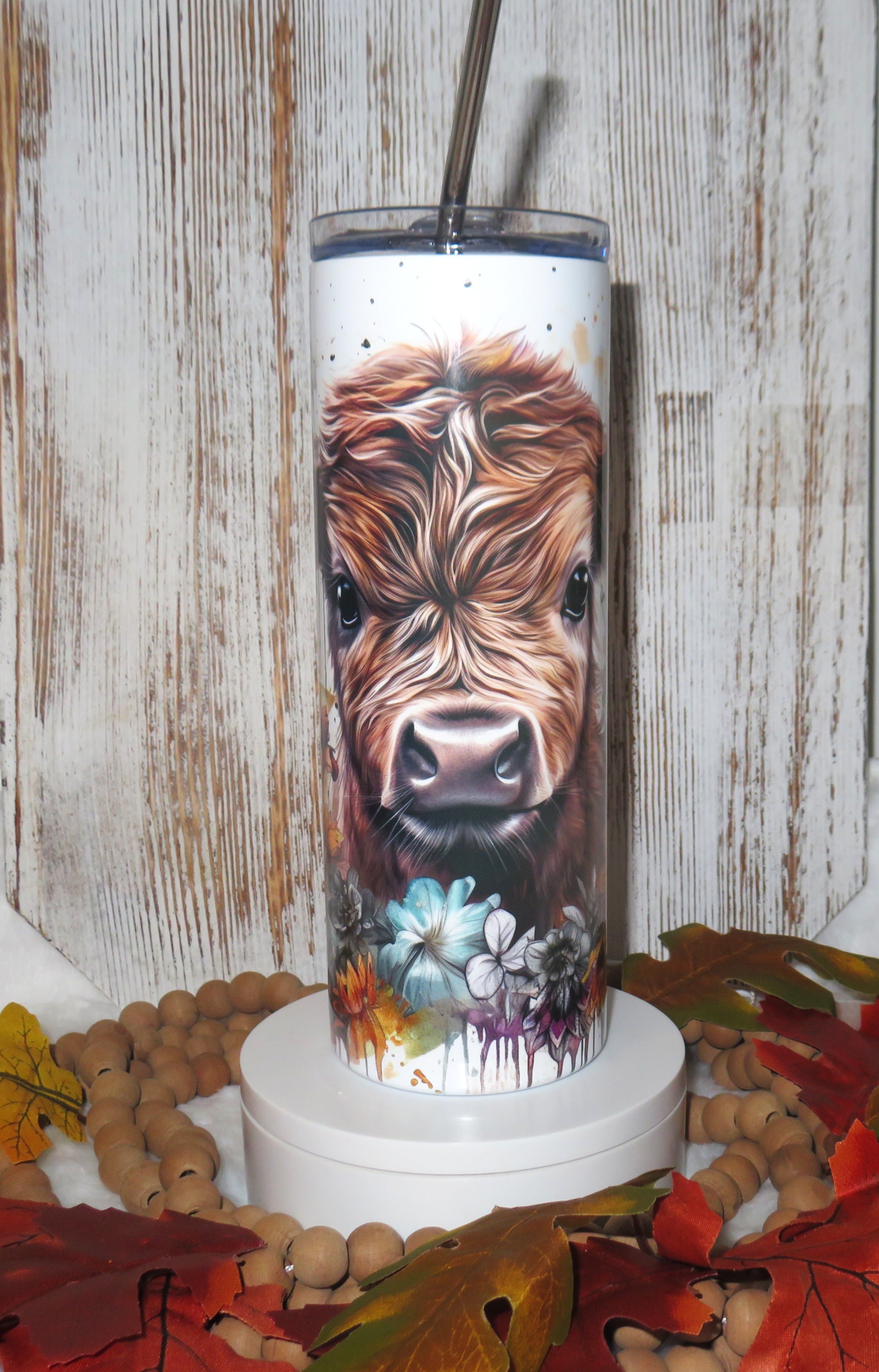 20 oz skinny tumbler highland cow theme with floral design