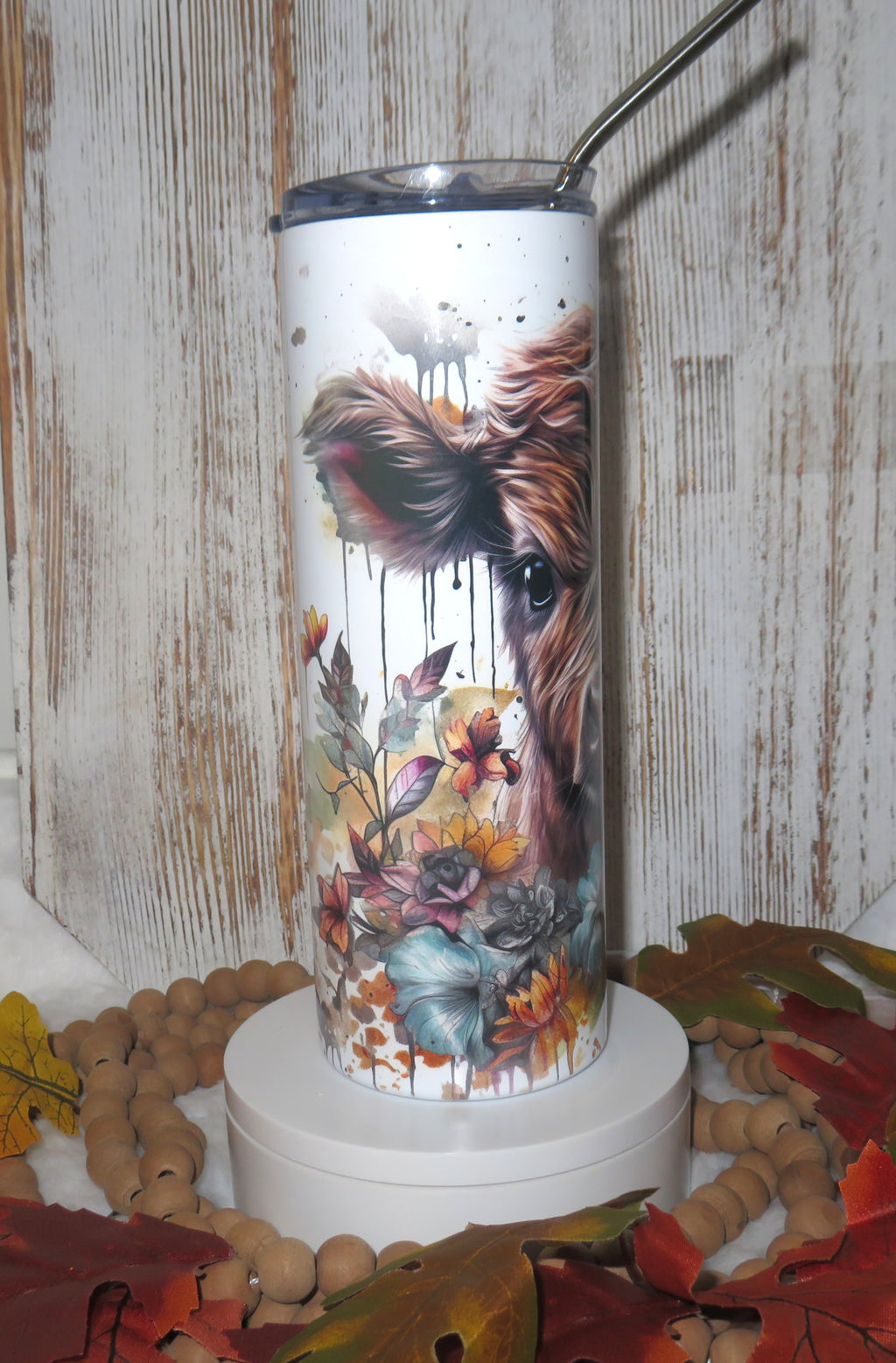 20 oz skinny tumbler highland cow theme with floral design