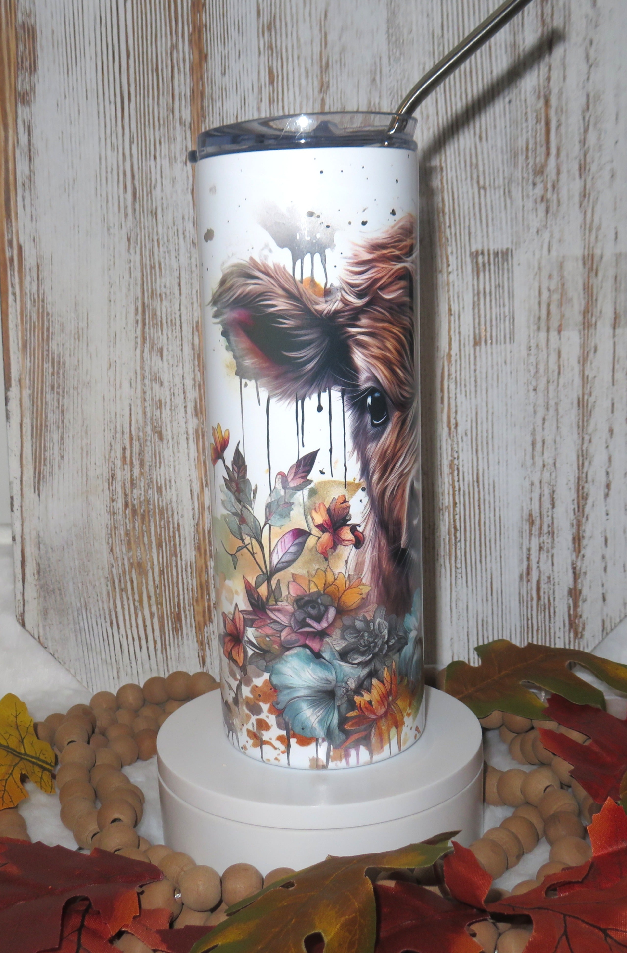 20 oz skinny tumbler highland cow theme with floral design
