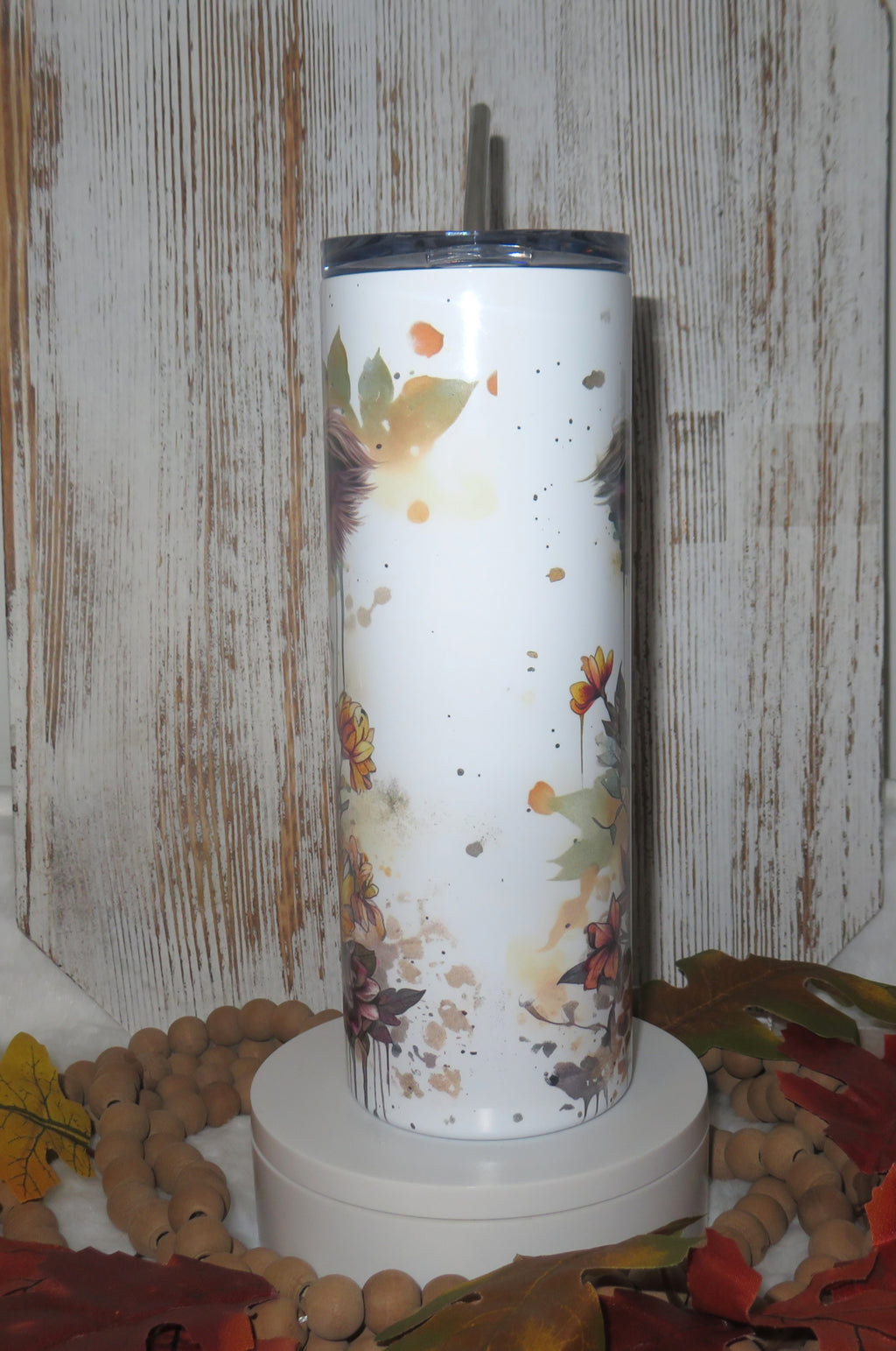 20 oz skinny tumbler highland cow theme with floral design