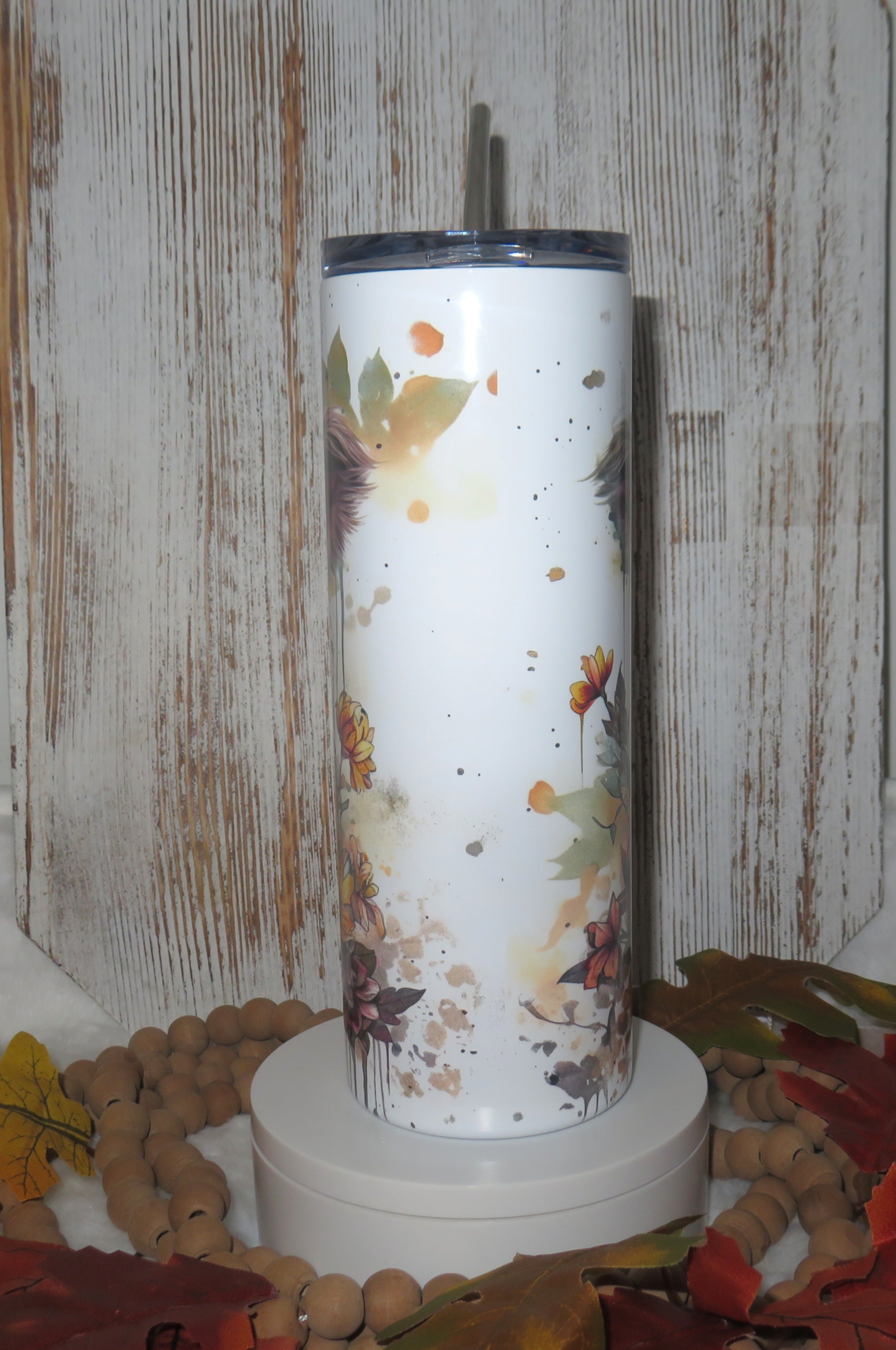 20 oz skinny tumbler highland cow theme with floral design