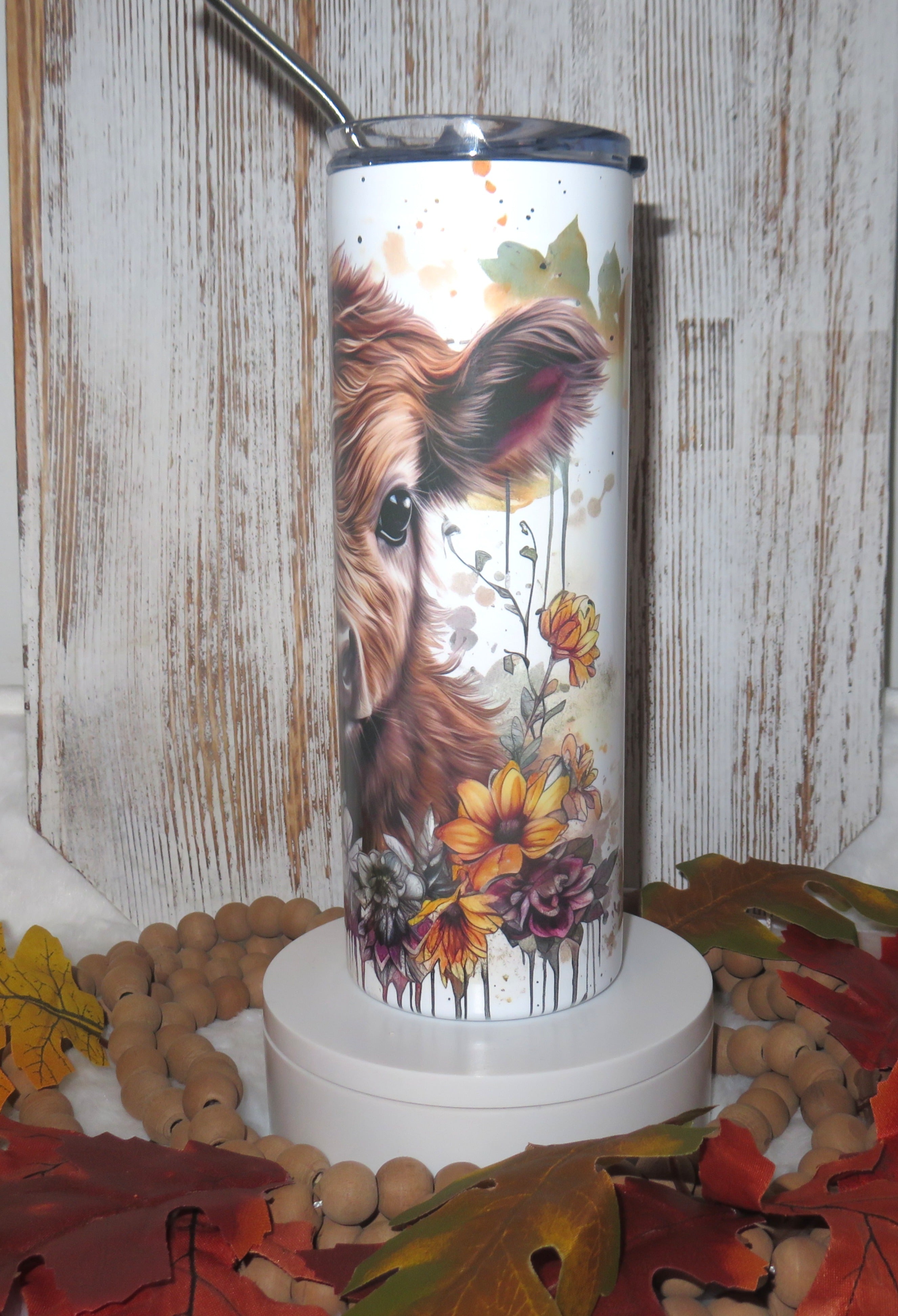 20 oz skinny tumbler highland cow theme with floral design