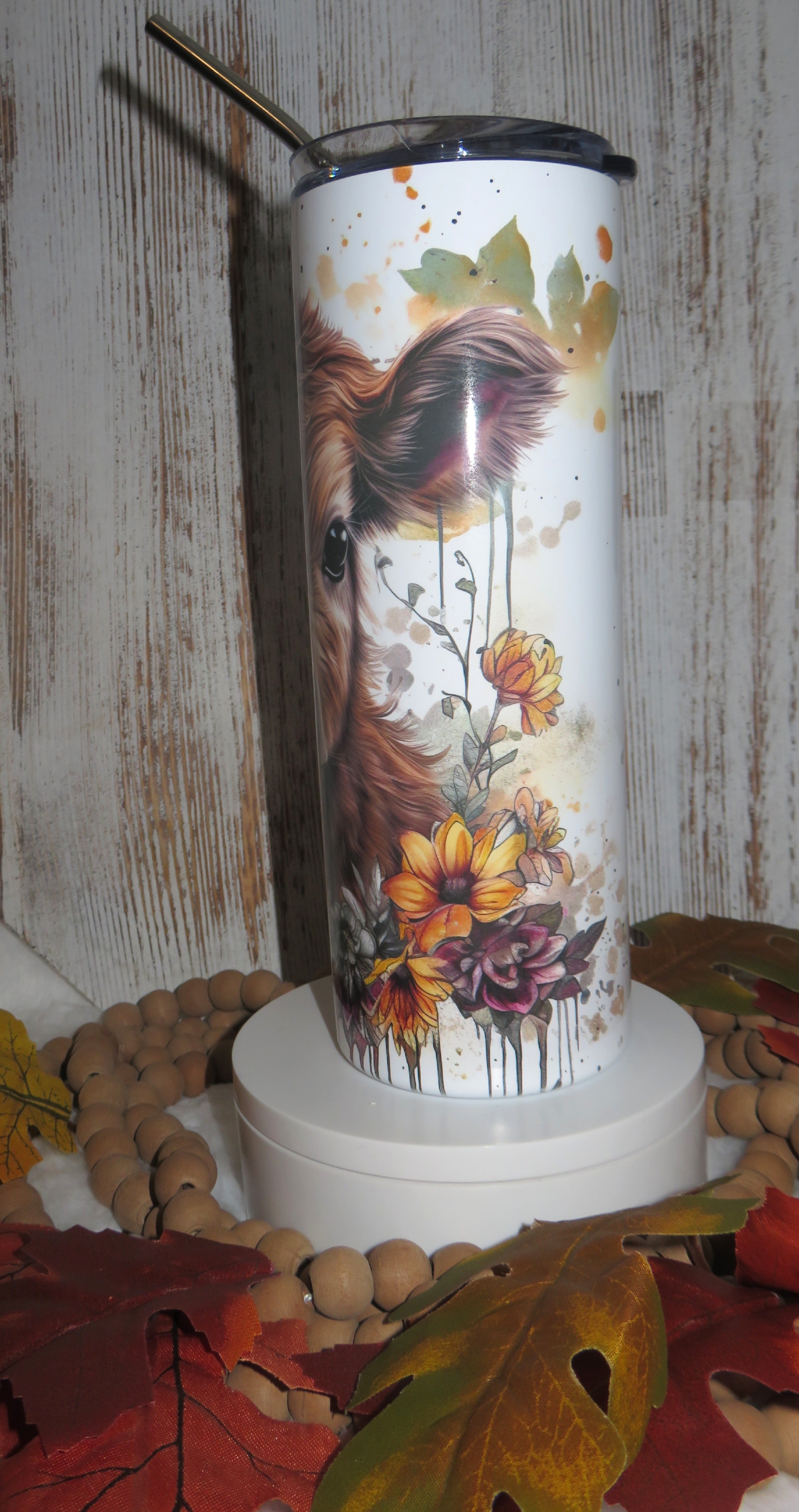 20 oz skinny tumbler highland cow theme with floral design