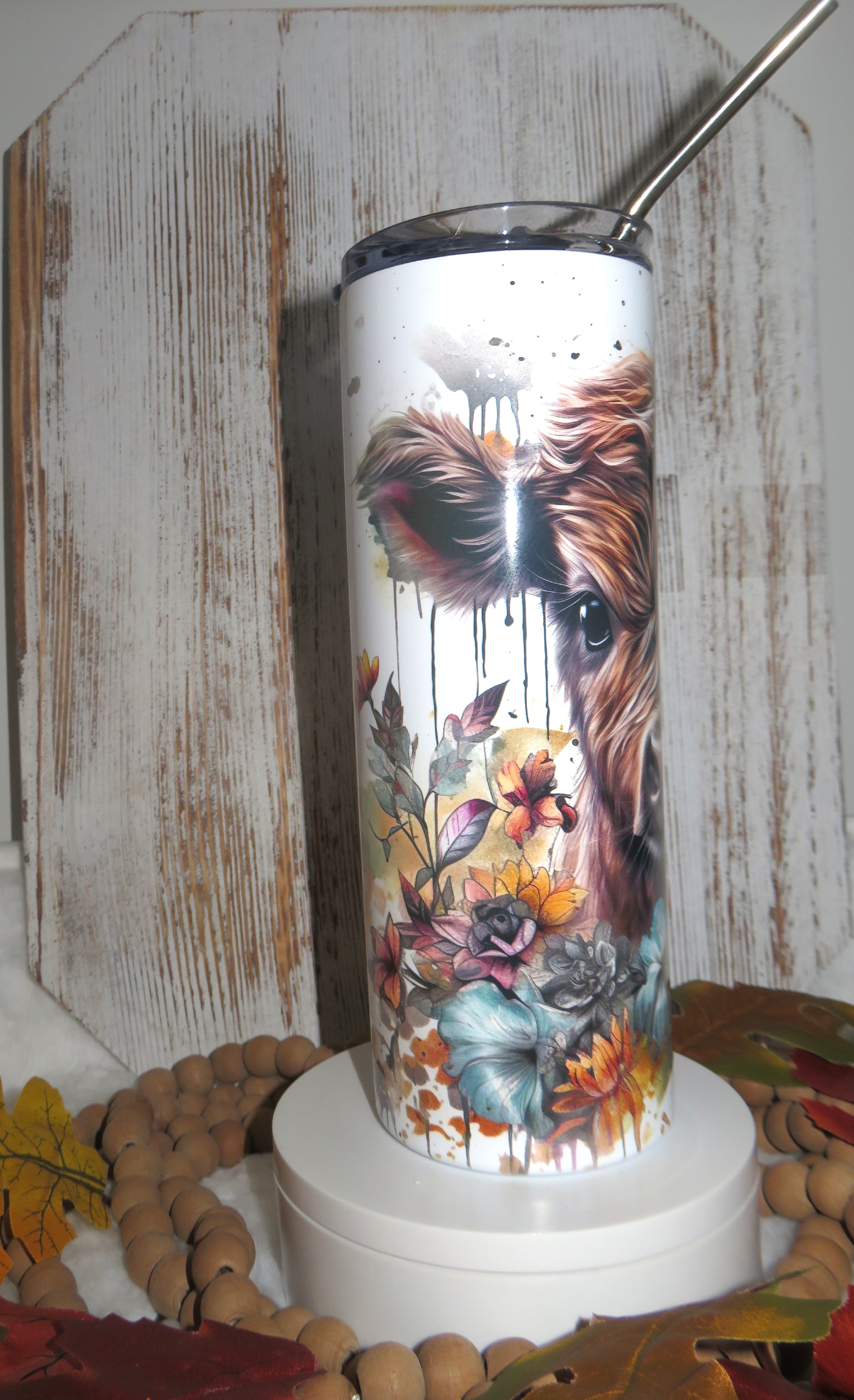 20 oz skinny tumbler highland cow theme with floral design